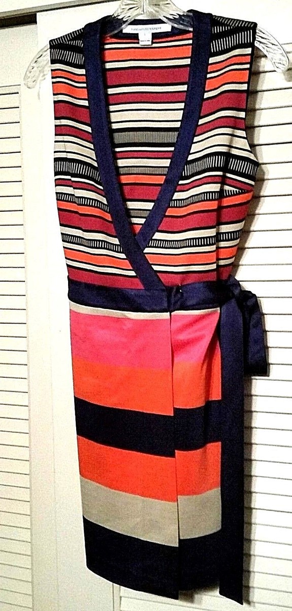 Diane Von Furstenberg Buff Tango Stripe Gracie Mini Wrap Dress $498 retail  Sz 2 | eBay