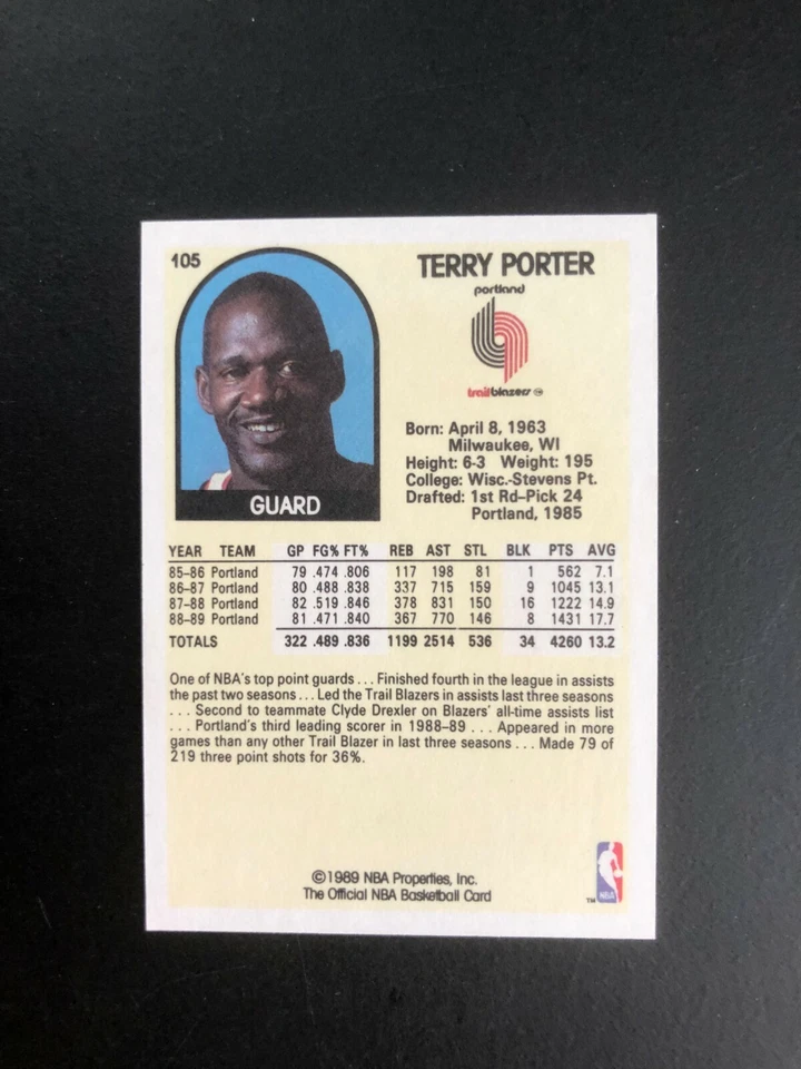1989 TERRY PORTER NBA Hoops Portland Trailblazers  Basketball Card # 105 - Image 4 of 4