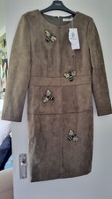 BNWT Dabuwawa Khaki Bee Embellished party event dress faux Suede