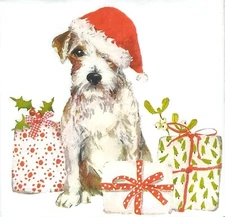 S335# 3 x Single SMALL Paper Napkins Decoupage Christmas Gifts And Dog Santa Cap