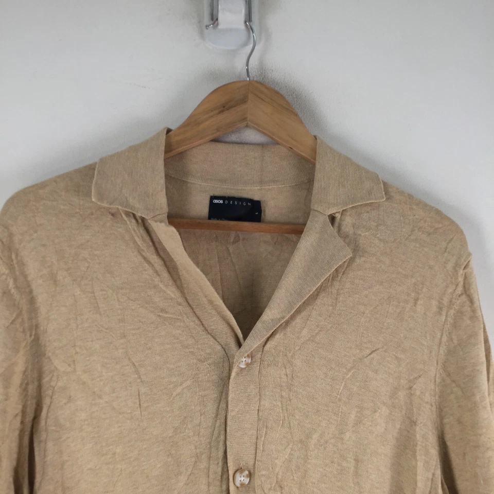 Asos mens knit button up shirt size L beige short sleeve cotton slim 108089 - Image 2 of 4