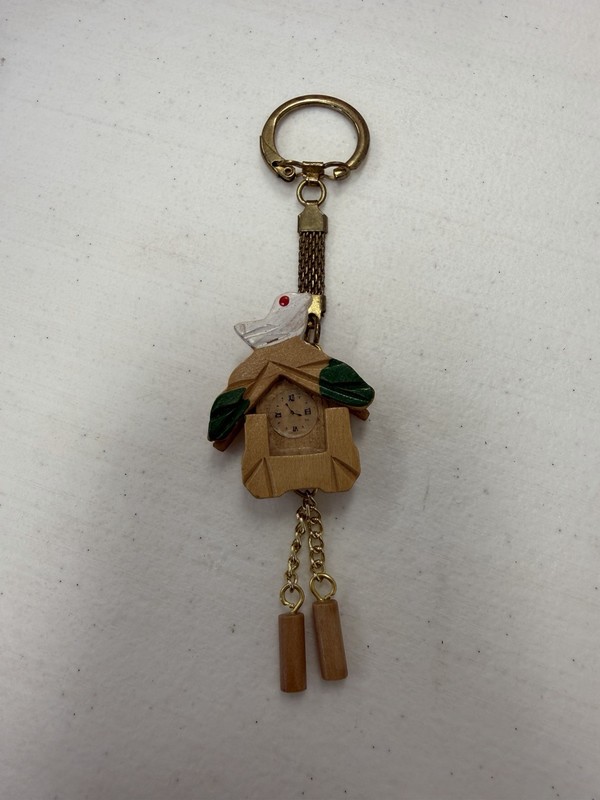 Vintage Wooden Cuckoo Clock Keychain Miniature Germany Swiss Style Gold Tone
