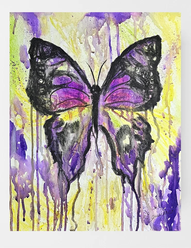 Borboletas roxas gotejamento original GUAJARDO 14X17 papel arte fina arte assinada - Imagem 2 de 4