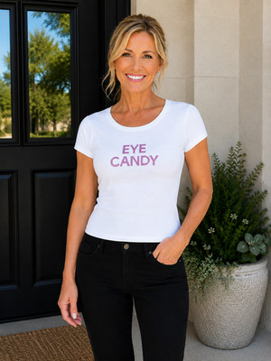American Apparel Women s Eye Candy Rhinestone Graphic Tee White XL (RUNS SMALL)