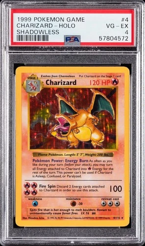 1999 POKEMON GAME SHADOWLESS #4 CHARIZARD-HOLO PSA 4
