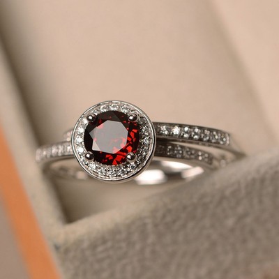1.54 Ct Round Natural Garnet & Diamond Wedding Ring 14K Real White Gold Sz 5