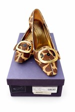 PRADA Calf Hair Giraffe Print Square Toe Kitten Heels Gold Buckle Sz 36.5 US 6.5
