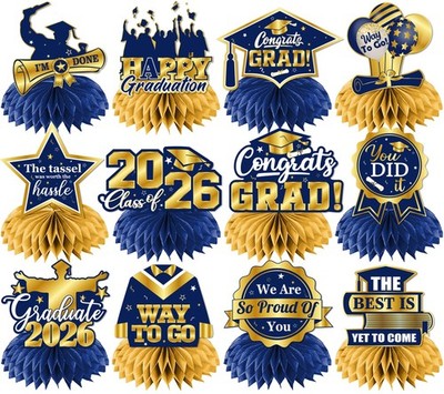 12Pcs Graduation Table Decorations 2026,Navy Blue and Gold Graduation Decorat...