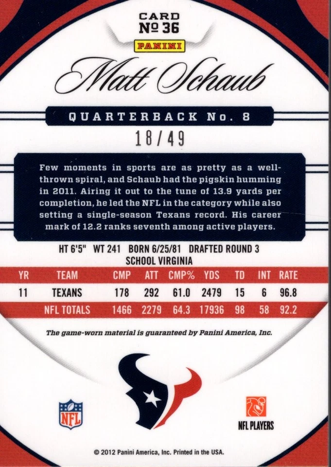 2012 Certified Mirror Blue Materials #36 Matt Schaub Jersey 18/49 FB - Image 2 of 2