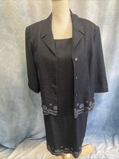 Vtg 90s Y2K Studio I Navy Dress Jacket Set Embroidered Midi Sheath Sz 10 12