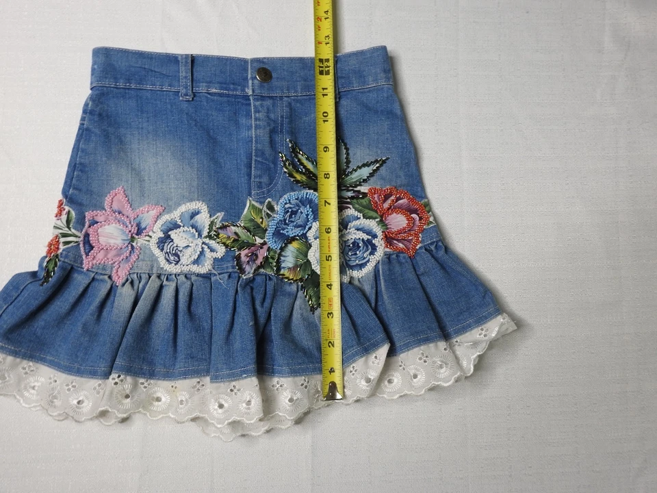 Saia Pumpkin Patch Girl’s tamanho 6 denim floral babado em camadas boho cottagecore - Imagem 3 de 4