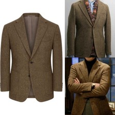 Men  s Vintage Herringbone Suit Tweed Sport Blazer Notch Lapel Jacket Smart