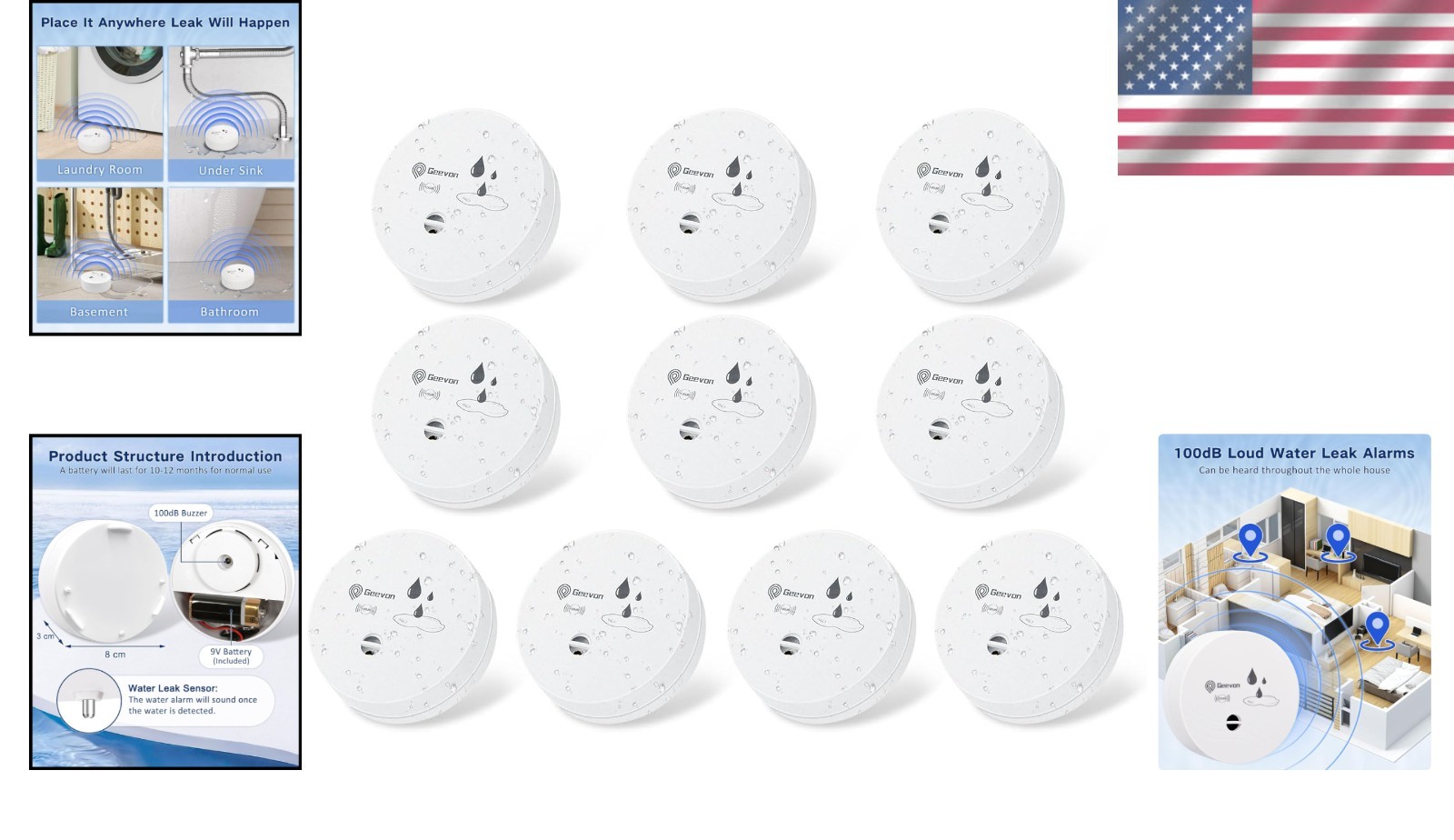 Compact 10 Pack Water Leak Alarms with 100dB Alert - Home Safety Essentials thumbnail 2