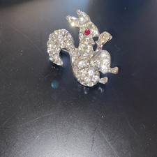 Vtg Rhinestone Squirrel Brooch. Silver Tone