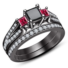 2 CT Princess Lab Created Diamond Bridal Wedding Ring Set 14K Black Gold Over