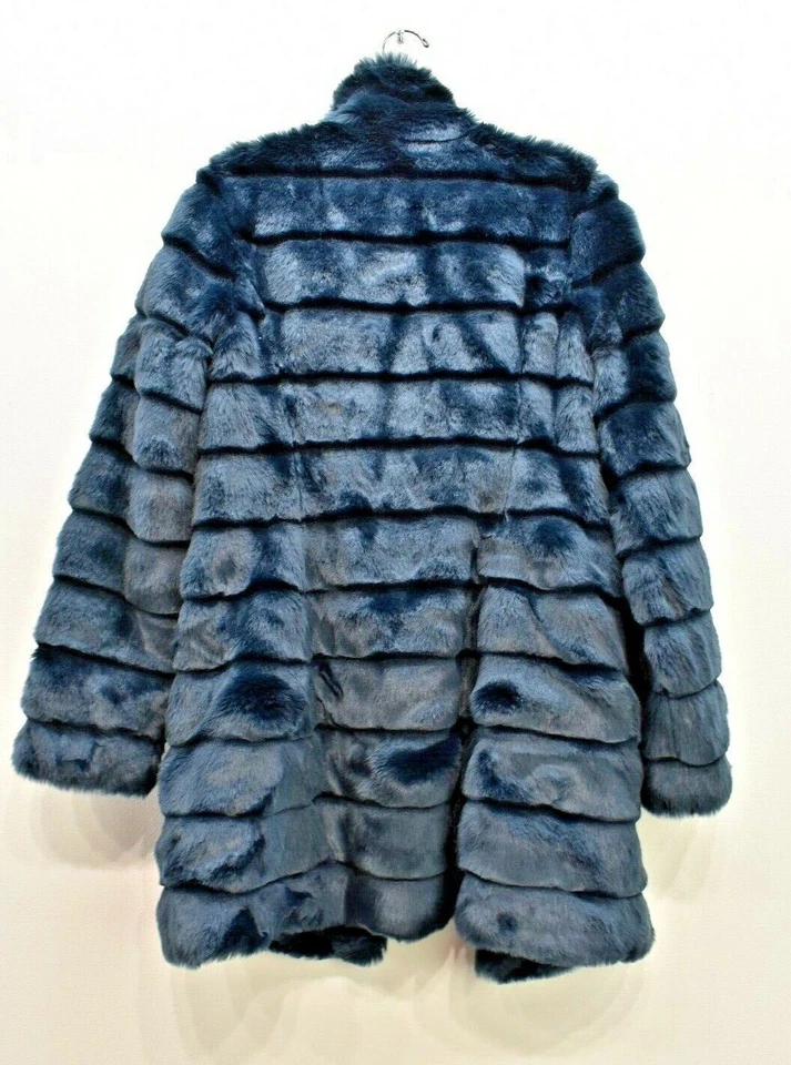 Eliza J Womens Solid Tiered Long Sleeve Snap Button Navy Blue Faux Fur Coat XS - Image 3 of 4