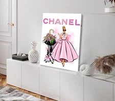 Pink Dress Girl with Dog Vector Stretched Canvas 40x50cm Print