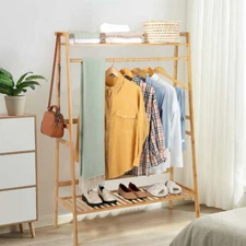 NNECW Freestanding Bamboo Clothing Rack with Top Shelf & Shoe Rack