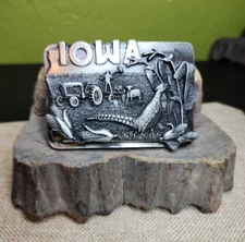 Bergamot Brass Works Belt Buckle  VTG USA IOWA 1981 Farmer Tractor Corn Pheasant