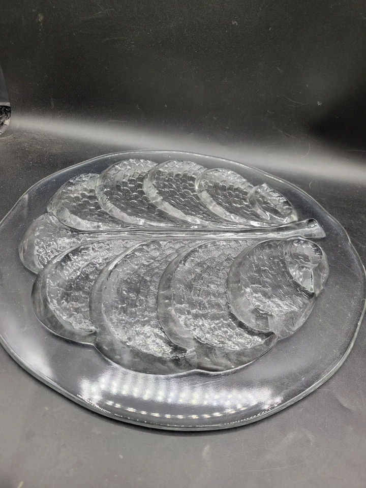 Bandeja de vidrio arte texturizado hoja árbol de la vida Orrefors Edén brilla transparente con UV Foto 4 de 4