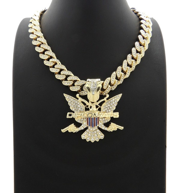 ICED DIPSET DIPLOMATS PENDANT GOLD CUBAN LINK CHAIN NECKLACE HIP HOP