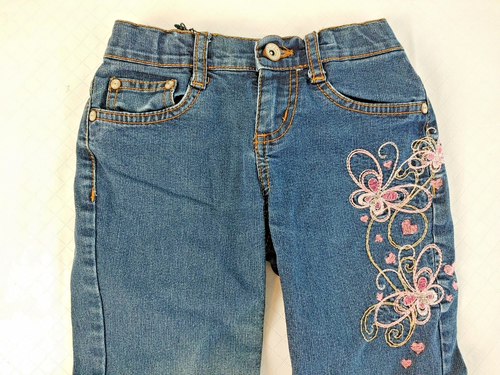 L.E.I. Gabby Lowrise Flared Jeans Embroidery Details Adj Waist Sz 7 #15230 - Picture 2 of 5