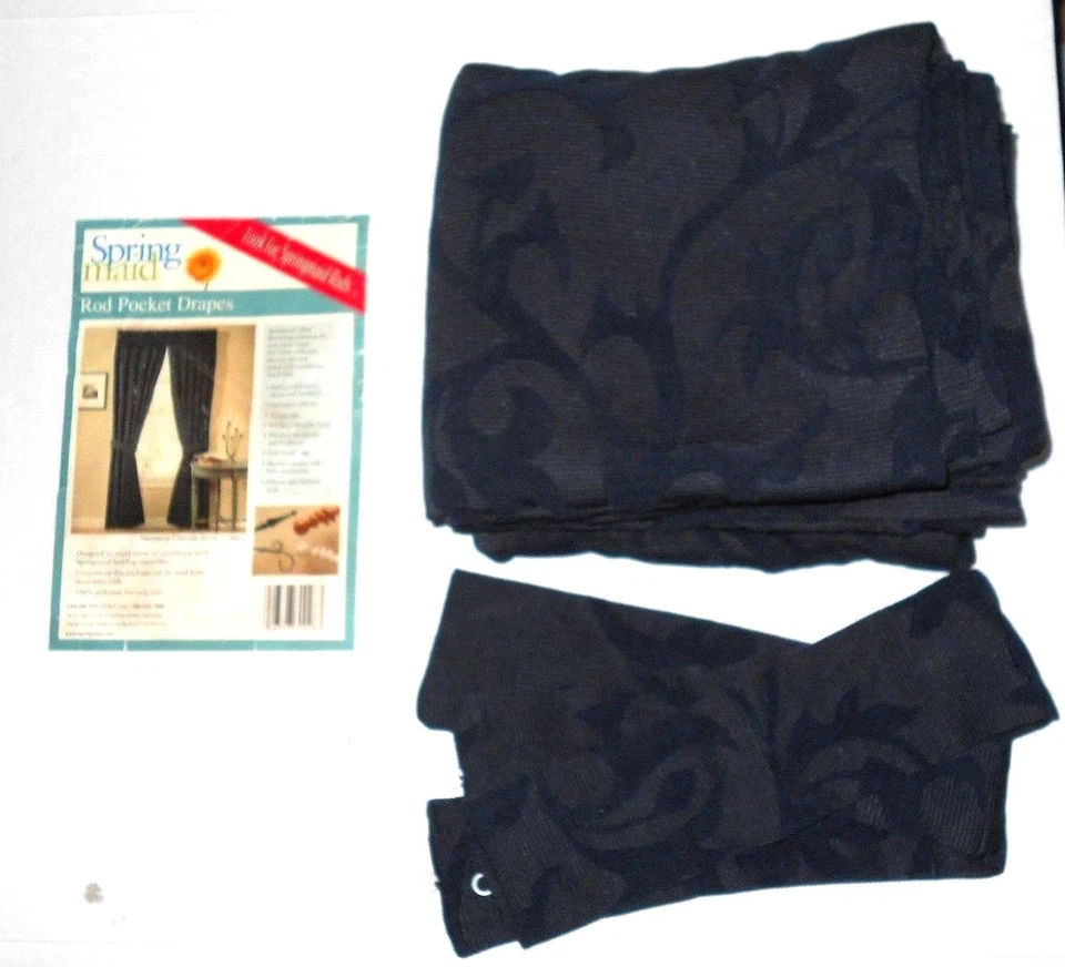 Vintage Spring Maid Newberry Chenille Scroll Rod Pocket Drapes Tiebacks Navy  - Image 2 of 4