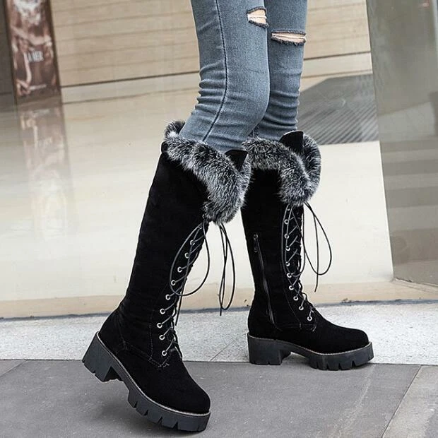 Winter Women's Fur Lined Snow Boots Warm Lace Up Knee High Boot Outdoor  Shoes