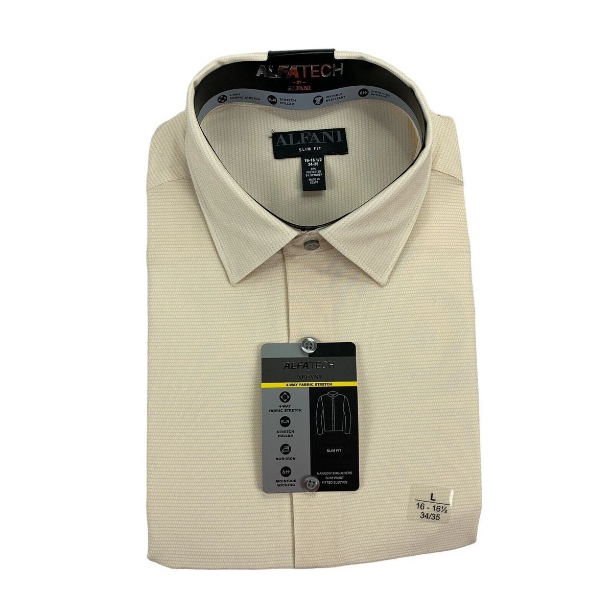 Alfani Mens Slim Fit 4 Way Stretch Geo Print Dress Shirt Tan Beige