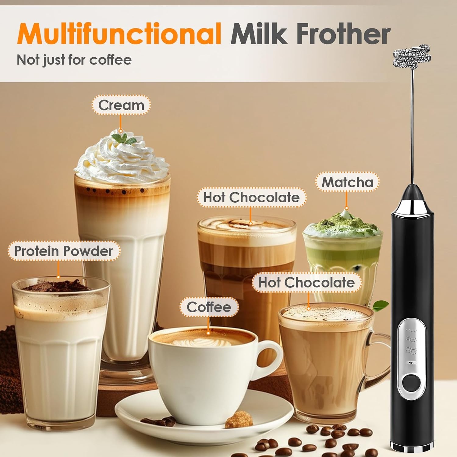 Milk Frother Wand for Coffee, Rechargeable Electric Whisk with 3 Heads