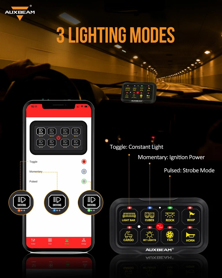 AUXBEAM AR-820 RGB 8 Gang Switch Panel bluetooth For 2020-2024 Jeep Gladiator JT - Изображение 4 из 4