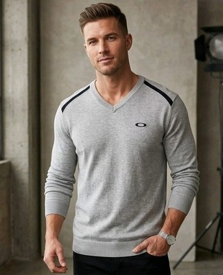 OAKLEY Men's L/G Gray V-Neck Performance Pullover Sweater RN#96548 CA#35460
