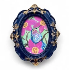 ORIGINAL Hummingbird watercolor bird painting in mini vintage style ornate frame