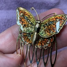 Vintage Enamel Gold Tone Metal Multi Color Butterfly Hair Comb Clip