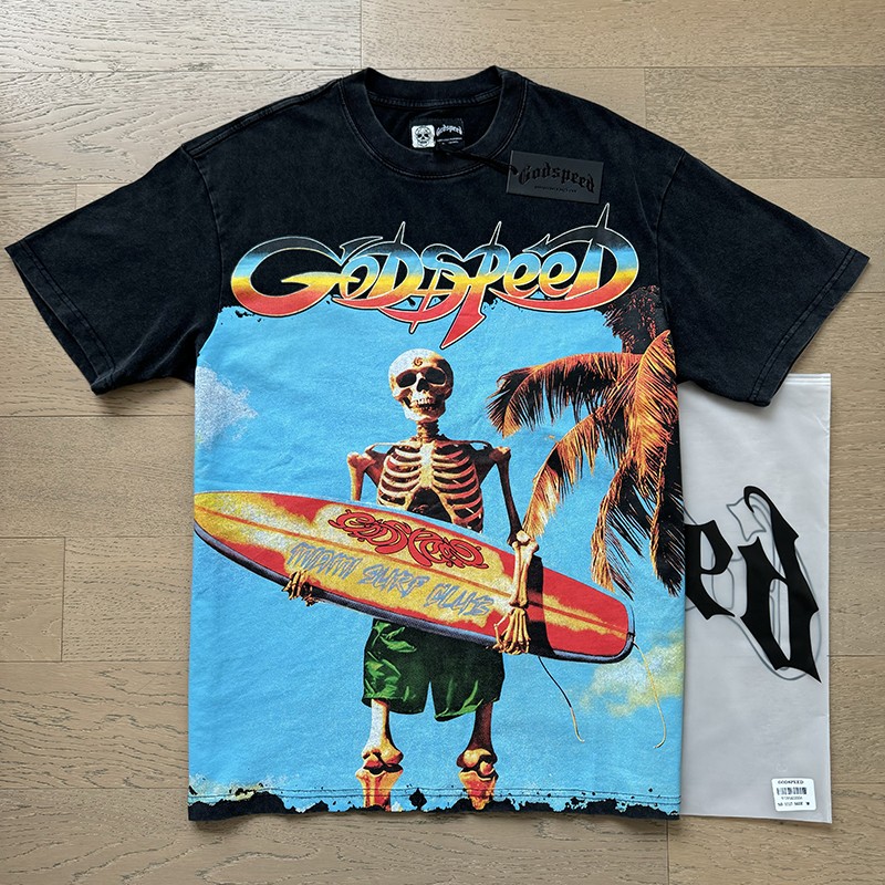 Mens Godspeed Beach Surfboard Skeleton print pattern Tee Washed T