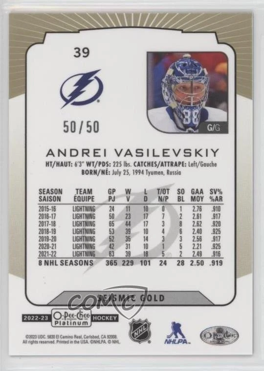 2022-23 O-Pee-Chee Platinum Seismic Gold /50 Andrei Vasilevskiy #39 - Image 2 of 2