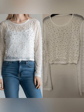 Sheer white long sleeve crew Pearl rhinestone Embellished Top blouse L