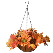 18 in. Fall Hanging Basket with Maple Leaves, Sunflowers, Cones, Berries, Pumpki