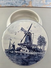 Delft Blue Hand Painted Windmill Scene Lidded Round Trinket Box Made In Holland