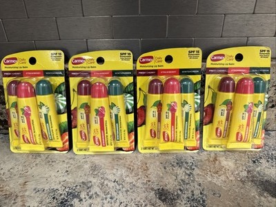 4 X NEW Carmex 3 Pack Daily Care Lip Balm SPF15 Cherry Strawberry Wintergreen