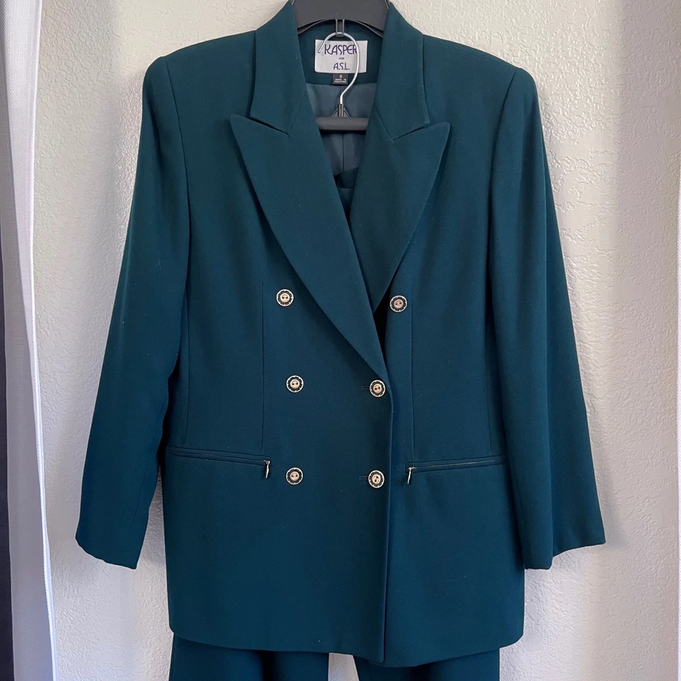 Kasper A.S.L. Conjunto de traje pantalón de 2 piezas de doble botonadura para mujer talla 8 verde oscuro Foto 2 de 4