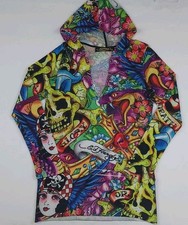 Vintage Y2k Ed Hardy Multicolor All Over Pattern Lightweight Knit Hoodie Top Vtg