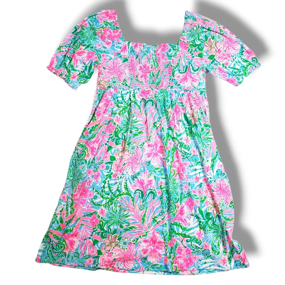 Lilly Pulitzer Mini Delaney Dress Girls XL 12-14 Amalfi Blue Leaf It Wild Preppy - Image 2 of 4