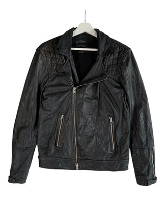 AllSaints Kushiro Bikerjacke Herren Small schwarz Leder gesteppt asymmetrischer Reißverschluss