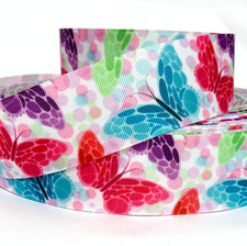 GROSGRAIN RIBBON 5/8",7/8",1.5", 3" Butterflies Butterfly Printed bta White Pink