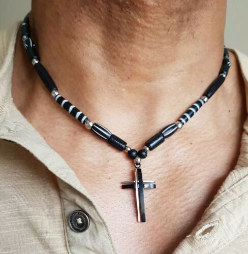 Mens black cross necklace,High Quality,leather,surfer,Stainless Steel, Handmade - Picture 4 of 6