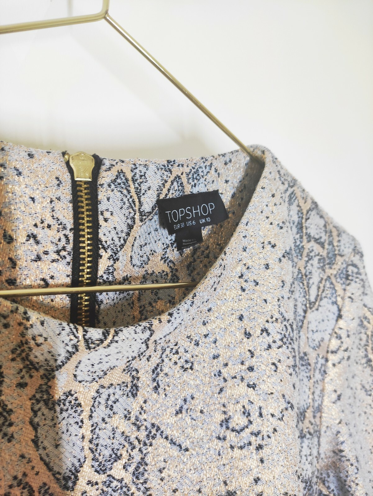 🎄 Topshop Gold Shine Snake Print Mini Trend Shift Dress Christmas 10 38 RRP£68 image 2