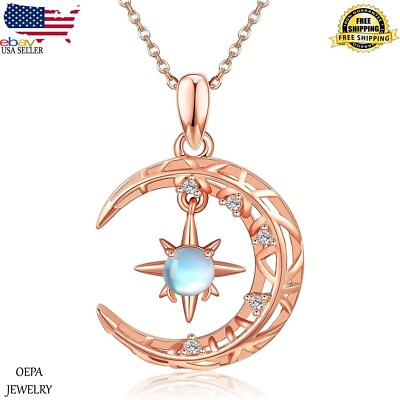 Moonstone Moon Star Necklace 925 Sterling Silver Rose Gold Plated
