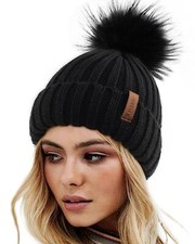 Womens Winter Knitted Beanie Hat with Faux Fur Pom Warm Knit Skull Cap Beanie