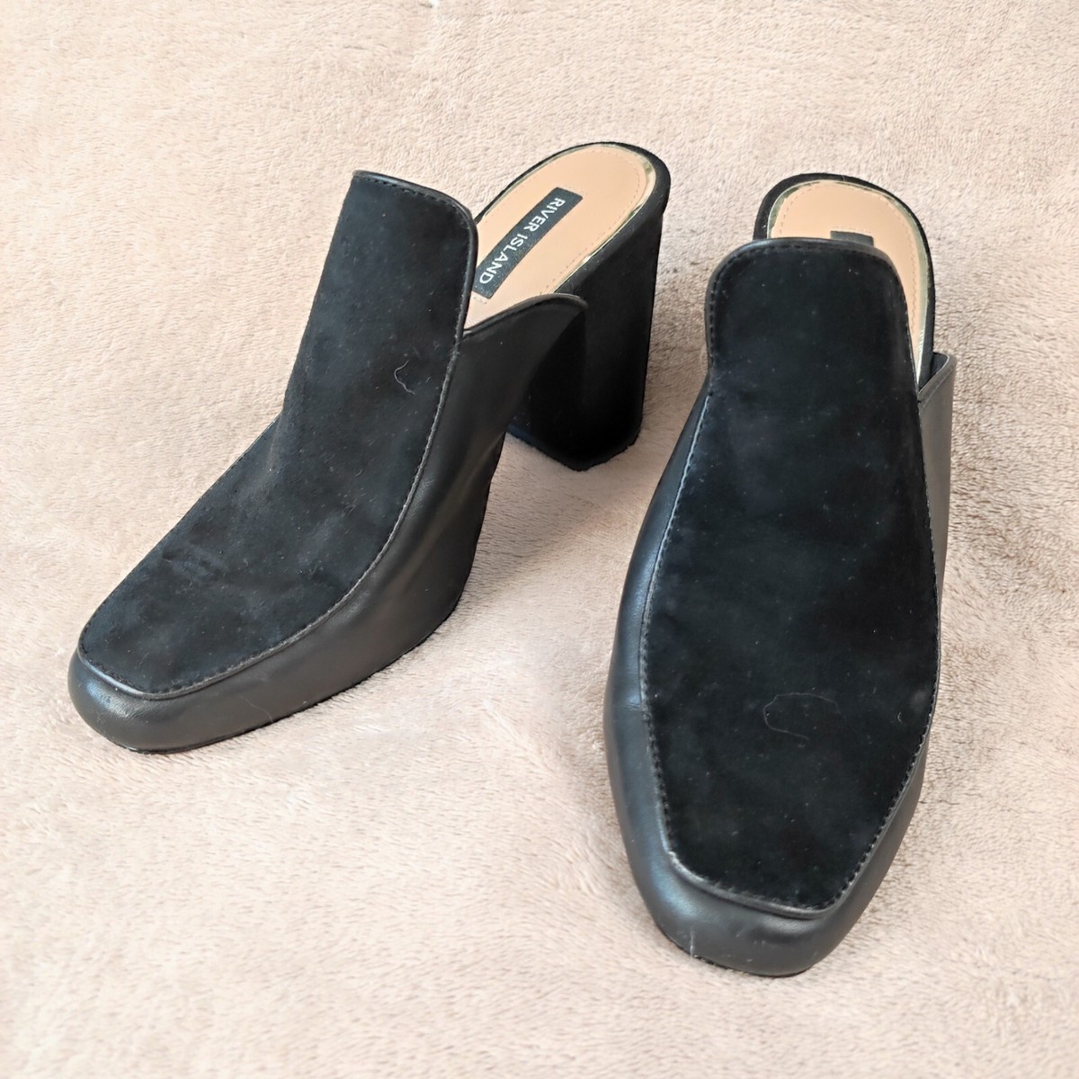 River Island Womens Black High Heel Mules Loafers Leather Suede